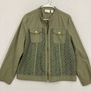 Chico's Olive Green Crochet Zip Up Lightweight Jacket Large